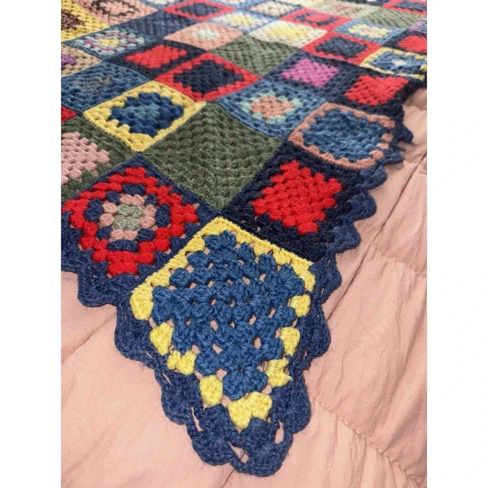 Vintage Granny Square Afghan Blanket Crochet Bohemian throw 68x52